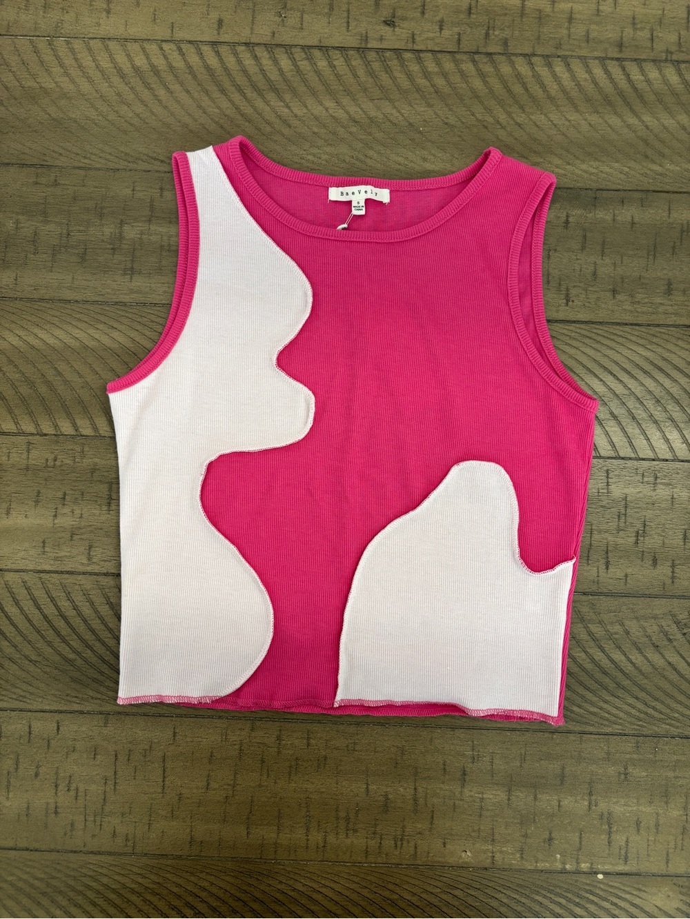 Pink & White Wavy Colorblock Rib Tank